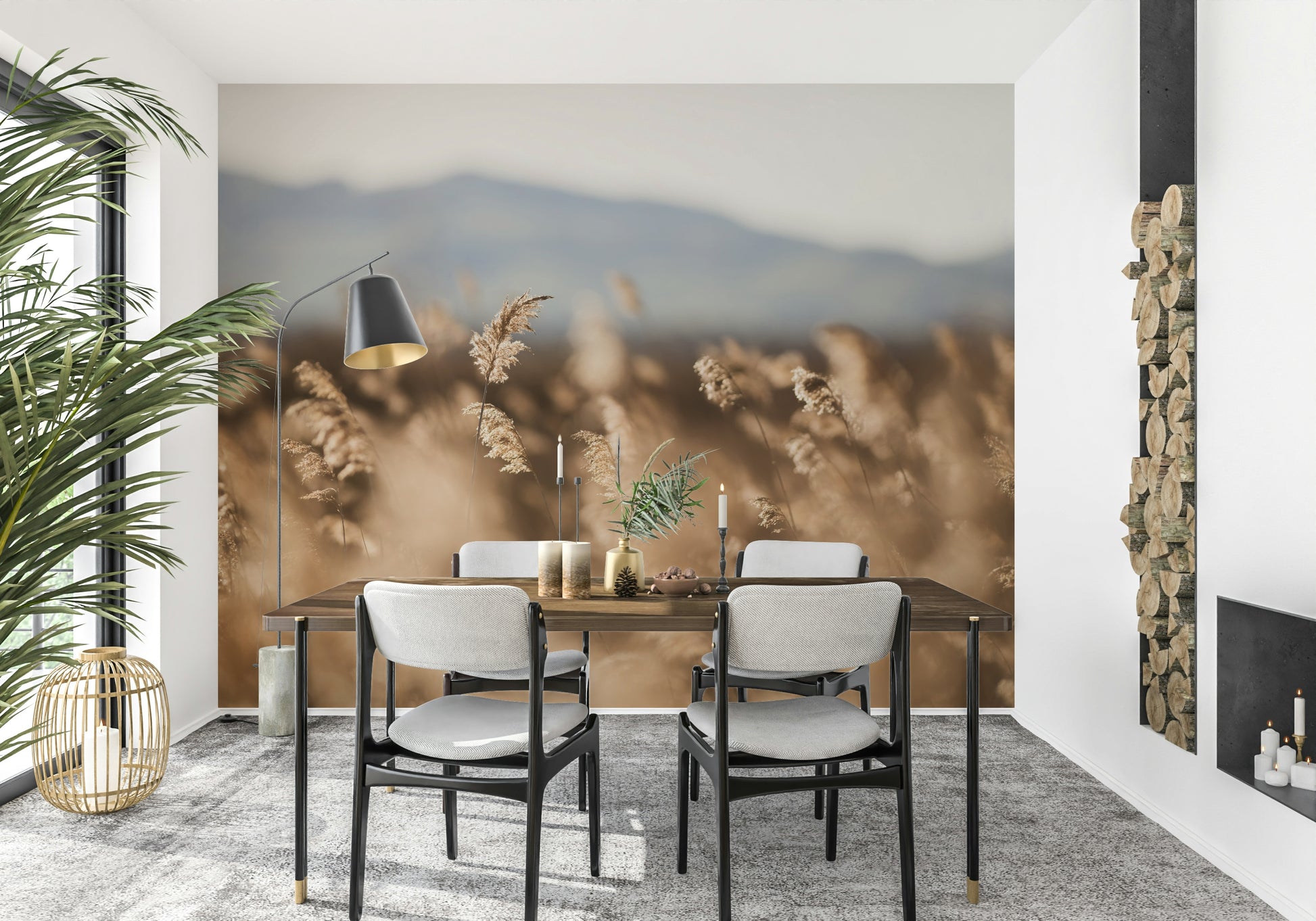 An artistic natural vista mural on scenic wallpaper.