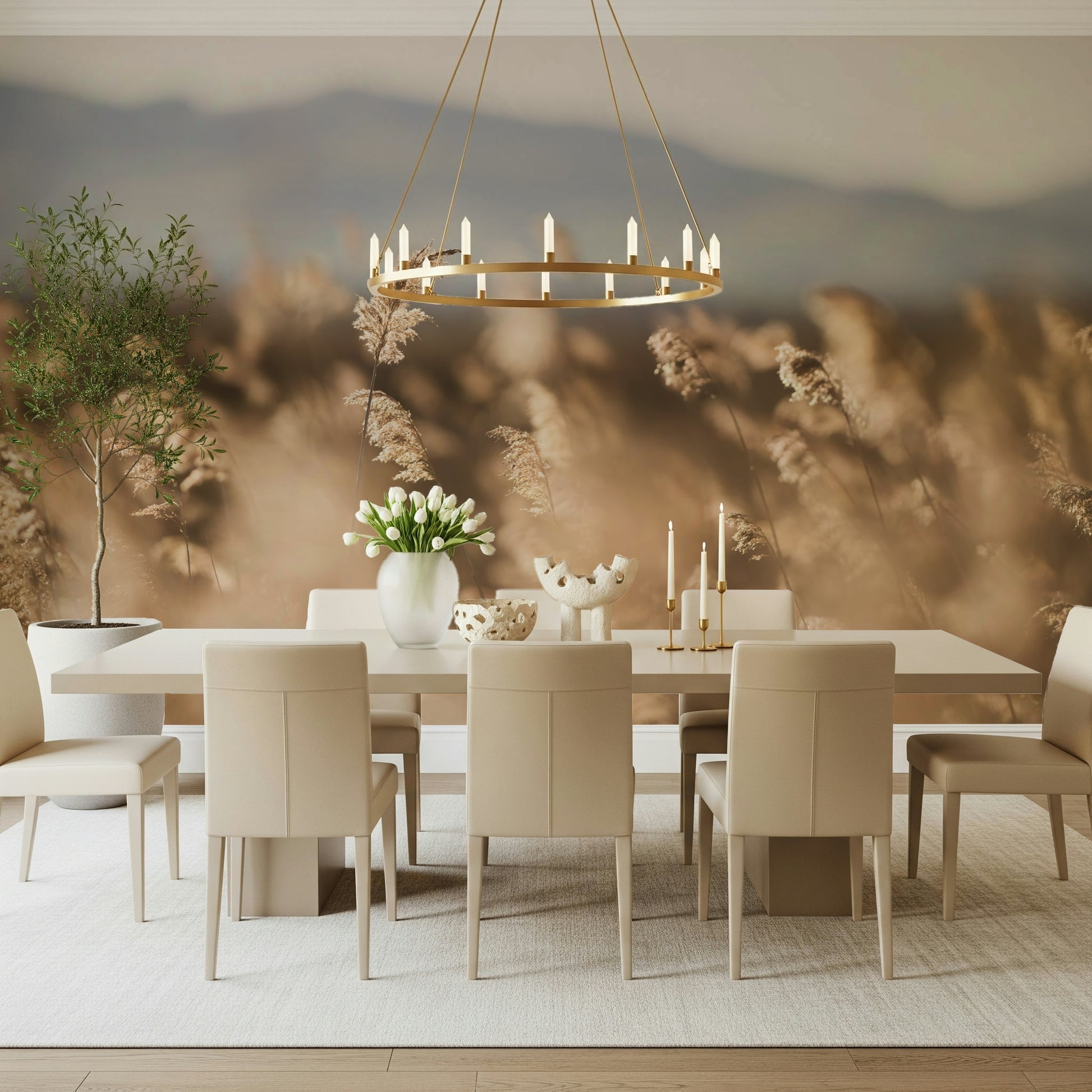 A graceful subtle pattern wall mural in cool, natural tones.