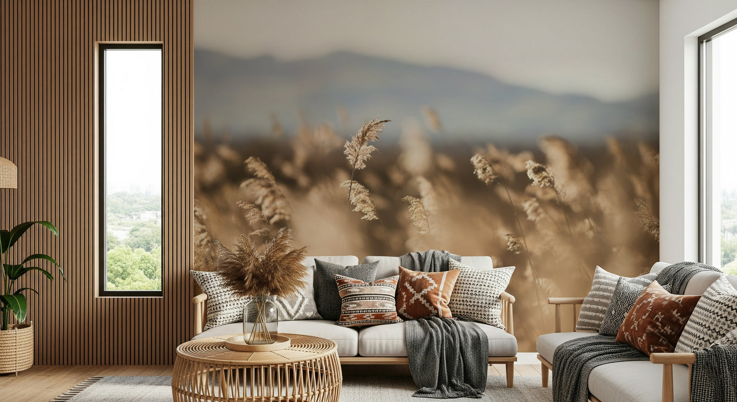 A beautiful wide-angle wall mural of a serene field.