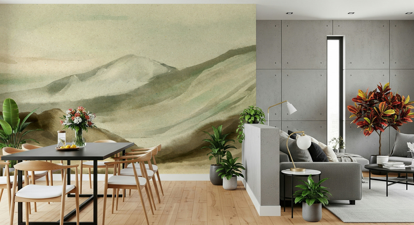 A beautiful watercolor mountainscape wallpaper mural for a modern home.