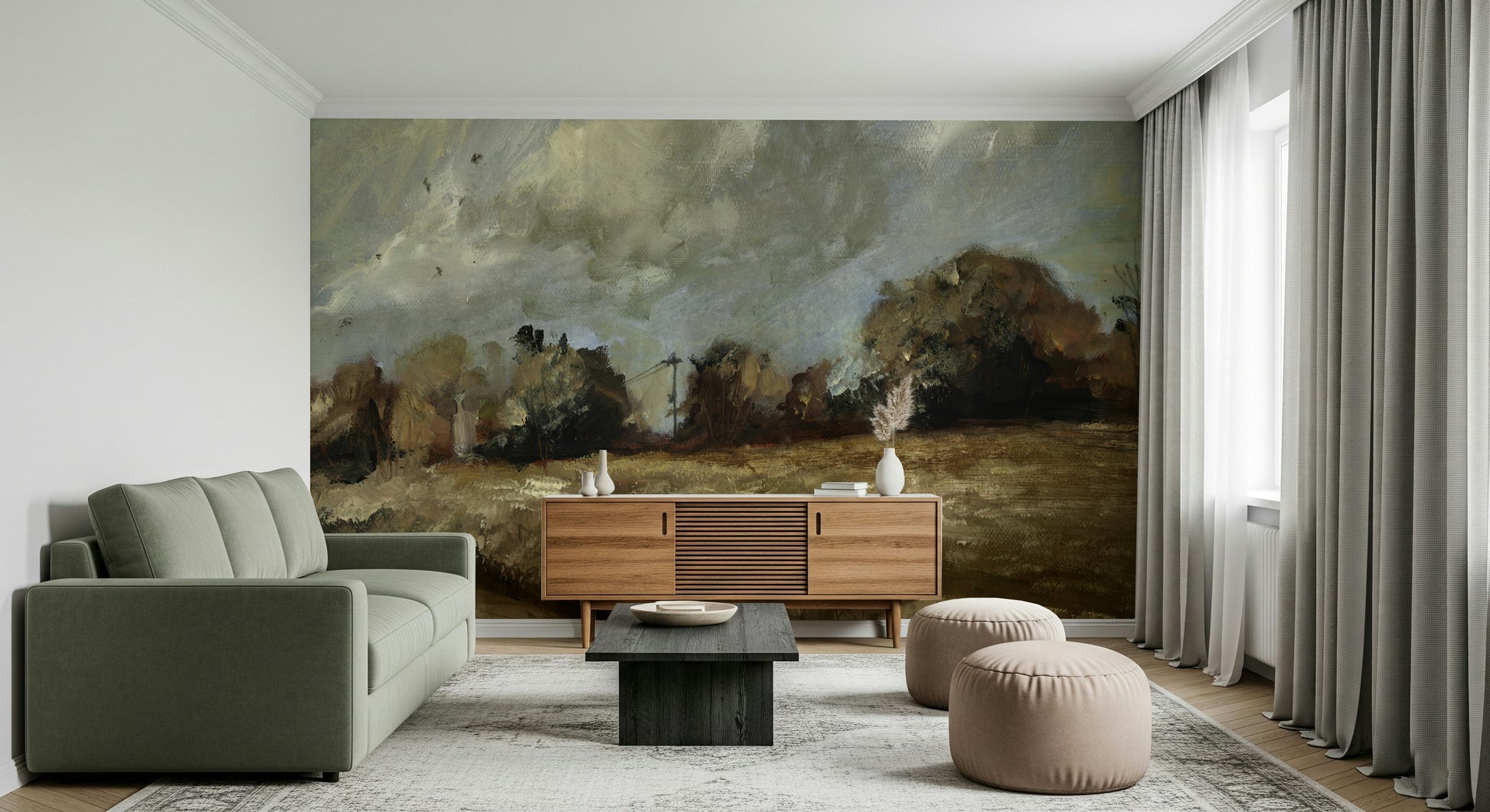 An artistic fluid pattern mural on scenic wallpaper.
