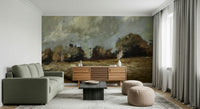 An artistic fluid pattern mural on scenic wallpaper.