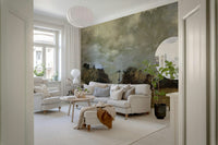 A peaceful modern abstract mural on decorative wallpaper.