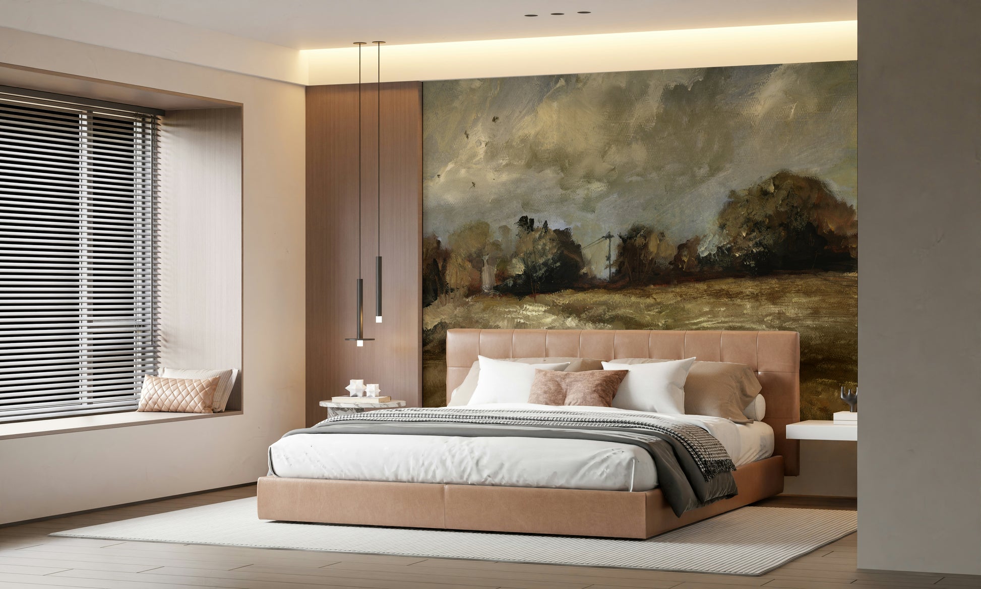 A calming serene view wallpaper mural that defines a space.