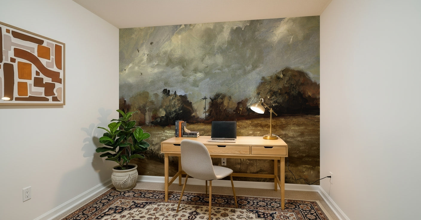 A beautiful abstract countryside wallpaper mural with fluid brushstrokes.