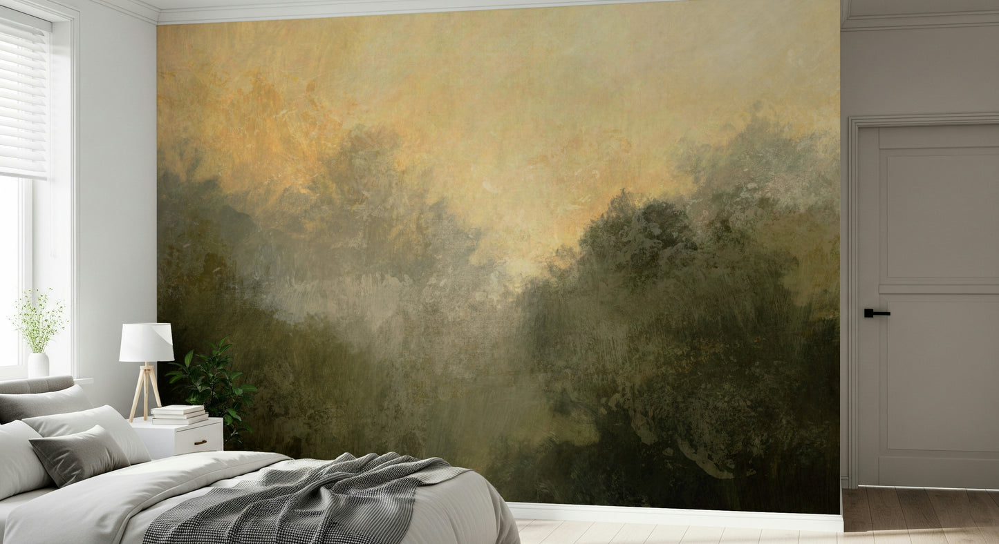 A beautiful golden valley wallpaper mural with subtle, hazy light.