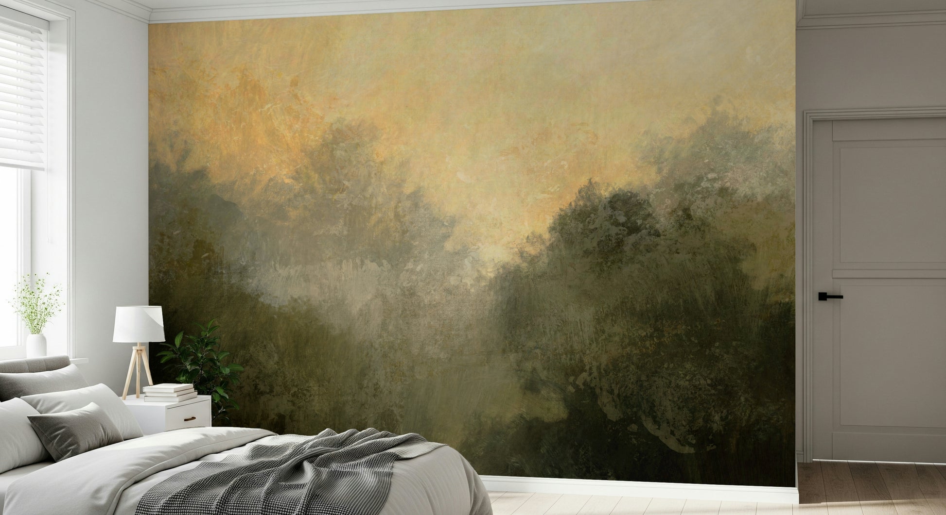 A beautiful golden valley wallpaper mural with subtle, hazy light.