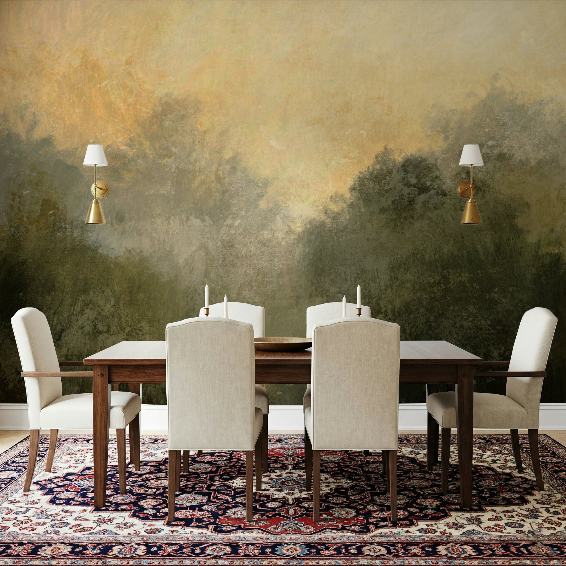 A peaceful open country mural on decorative wallpaper.