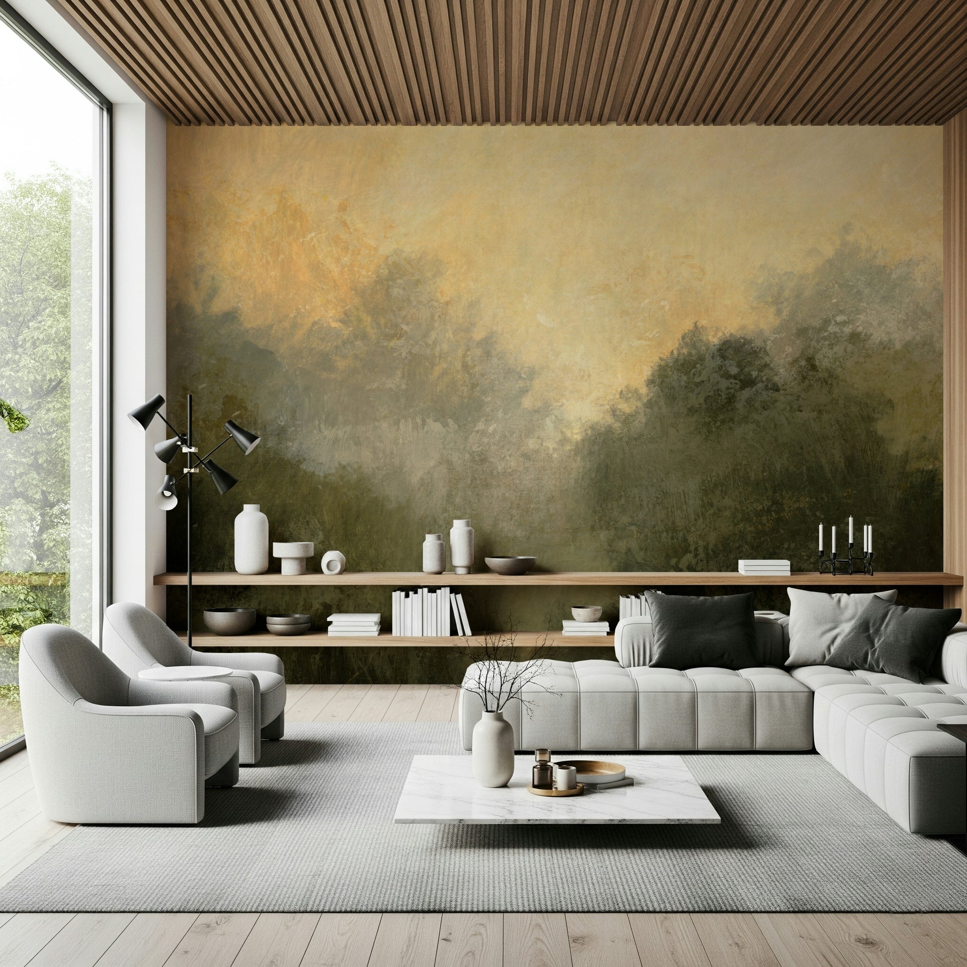 A beautiful wide-angle wall mural of a serene landscape.