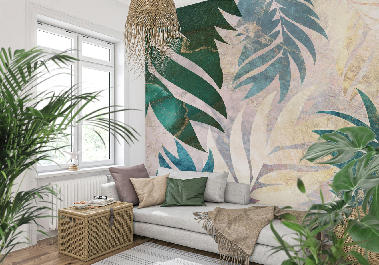 A beautiful lush tropical wallpaper mural with golden accents.