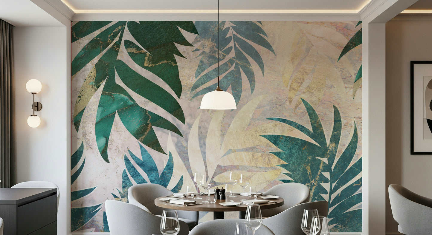 A graceful subtle leaf wall mural in rich, natural and gilded tones.