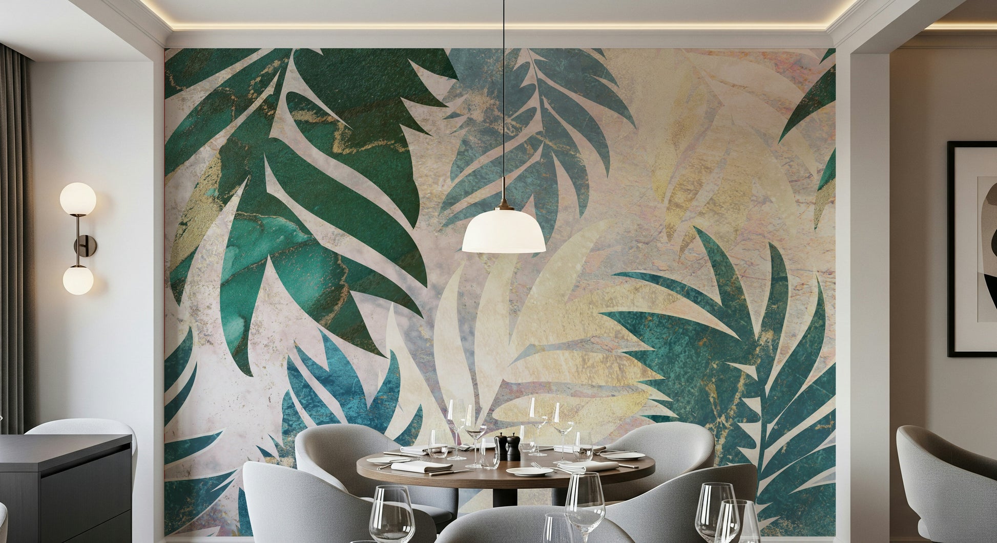 A graceful subtle leaf wall mural in rich, natural and gilded tones.