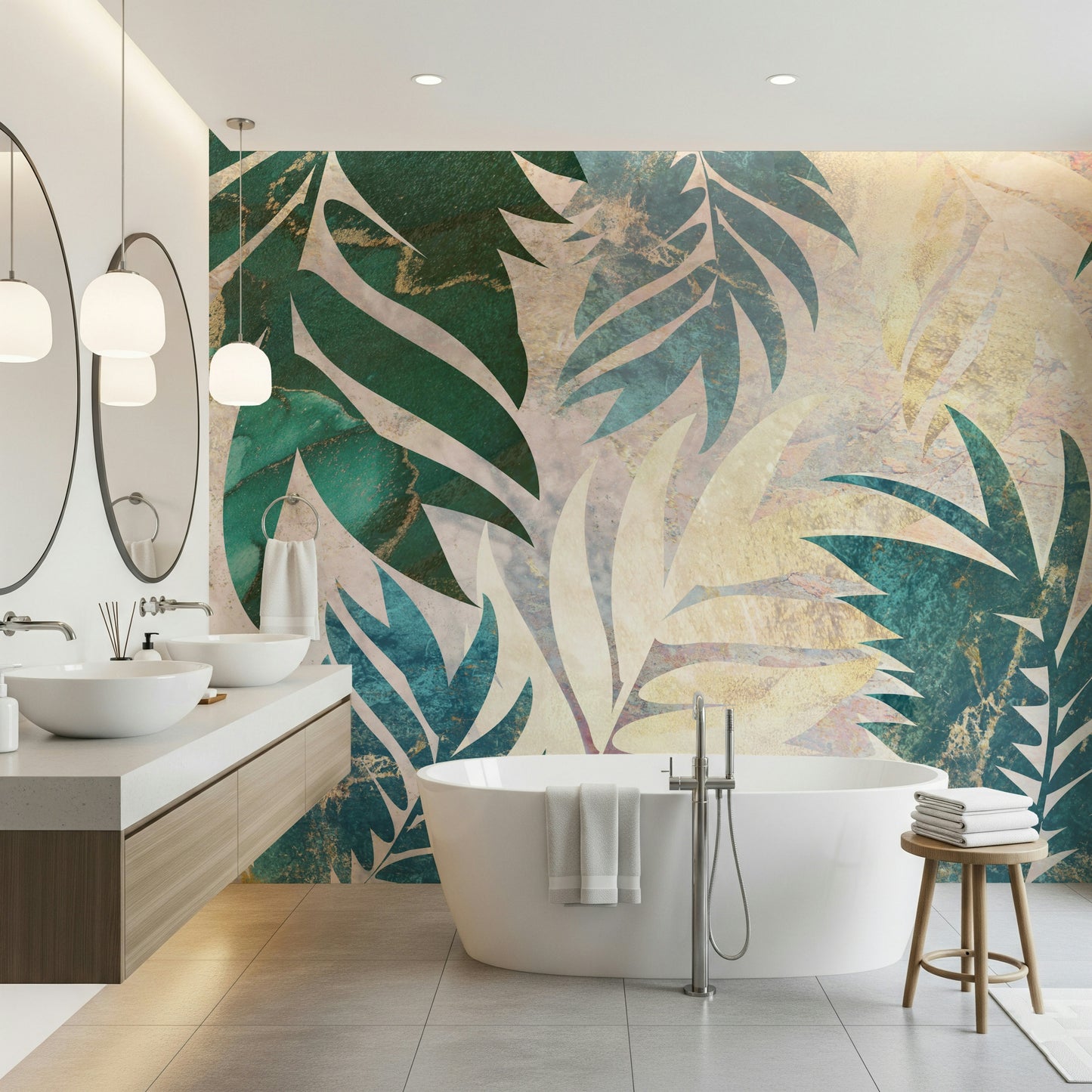 A peaceful jungle theme mural on decorative wallpaper.