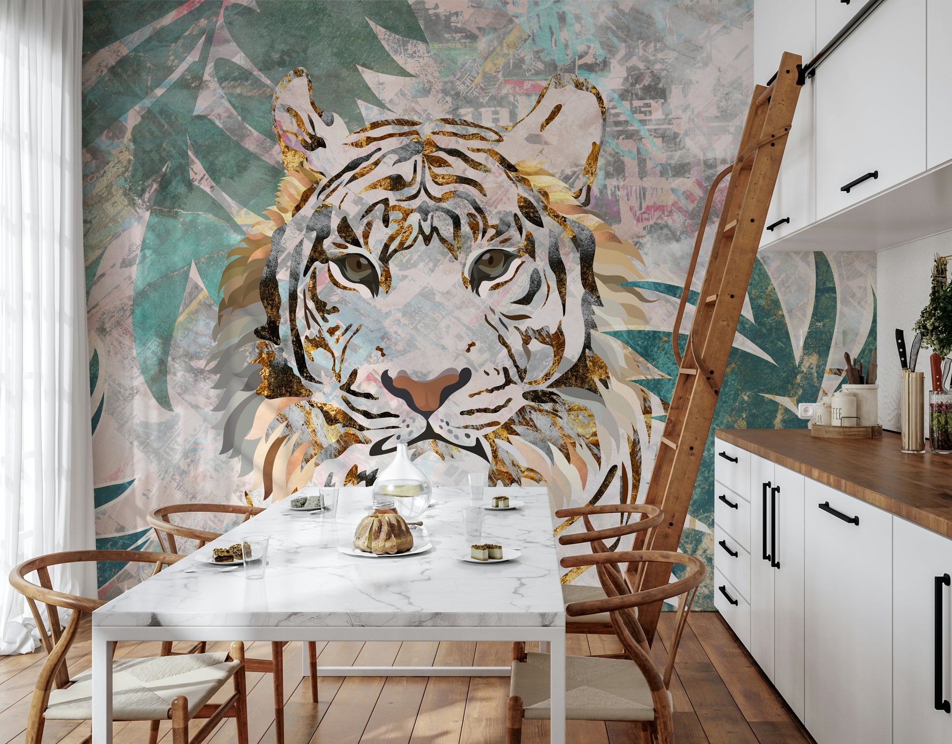An artistic realistic tiger mural on scenic wallpaper.