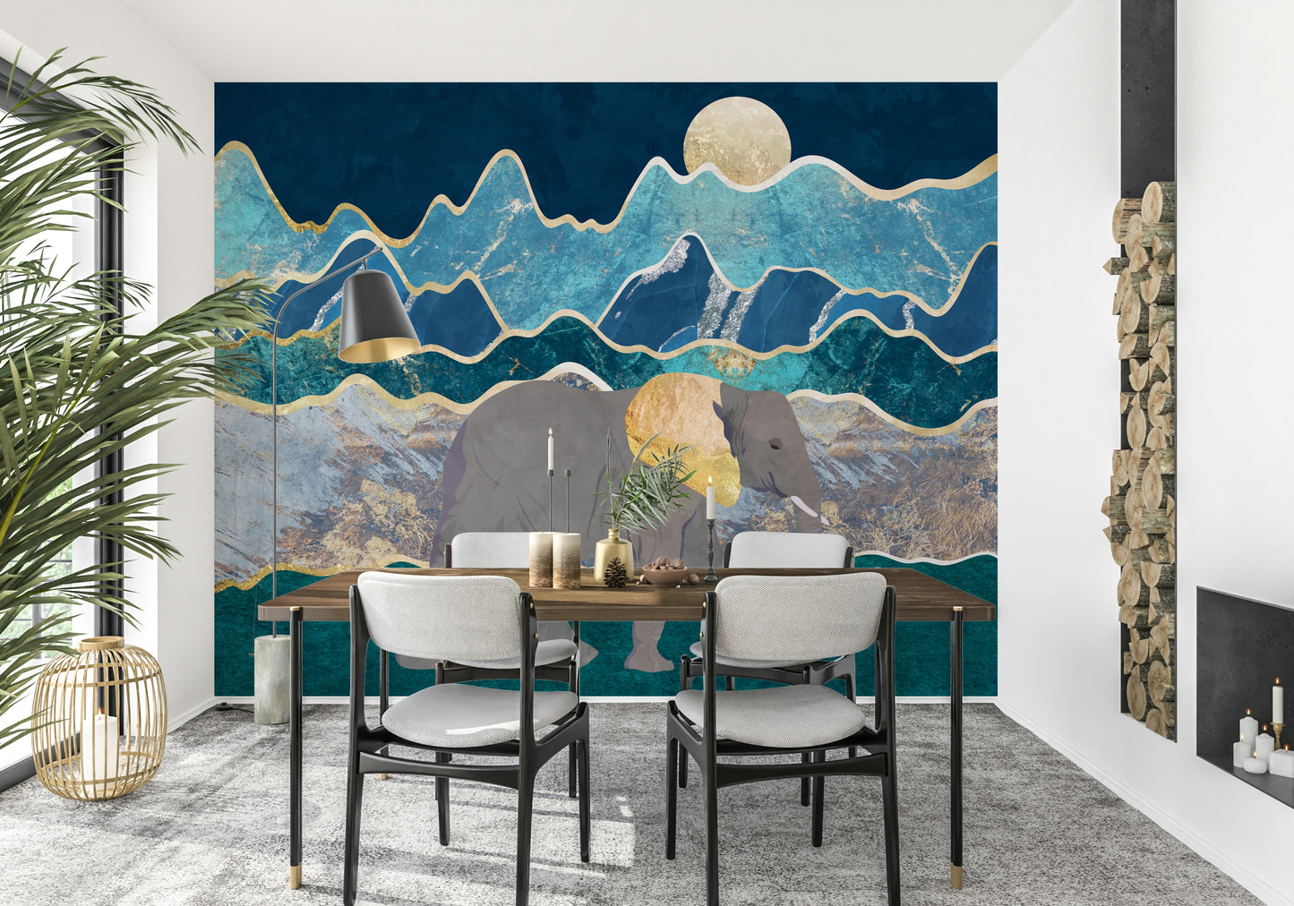 A contemplative gentle elephant wallpaper mural for a feature wall.