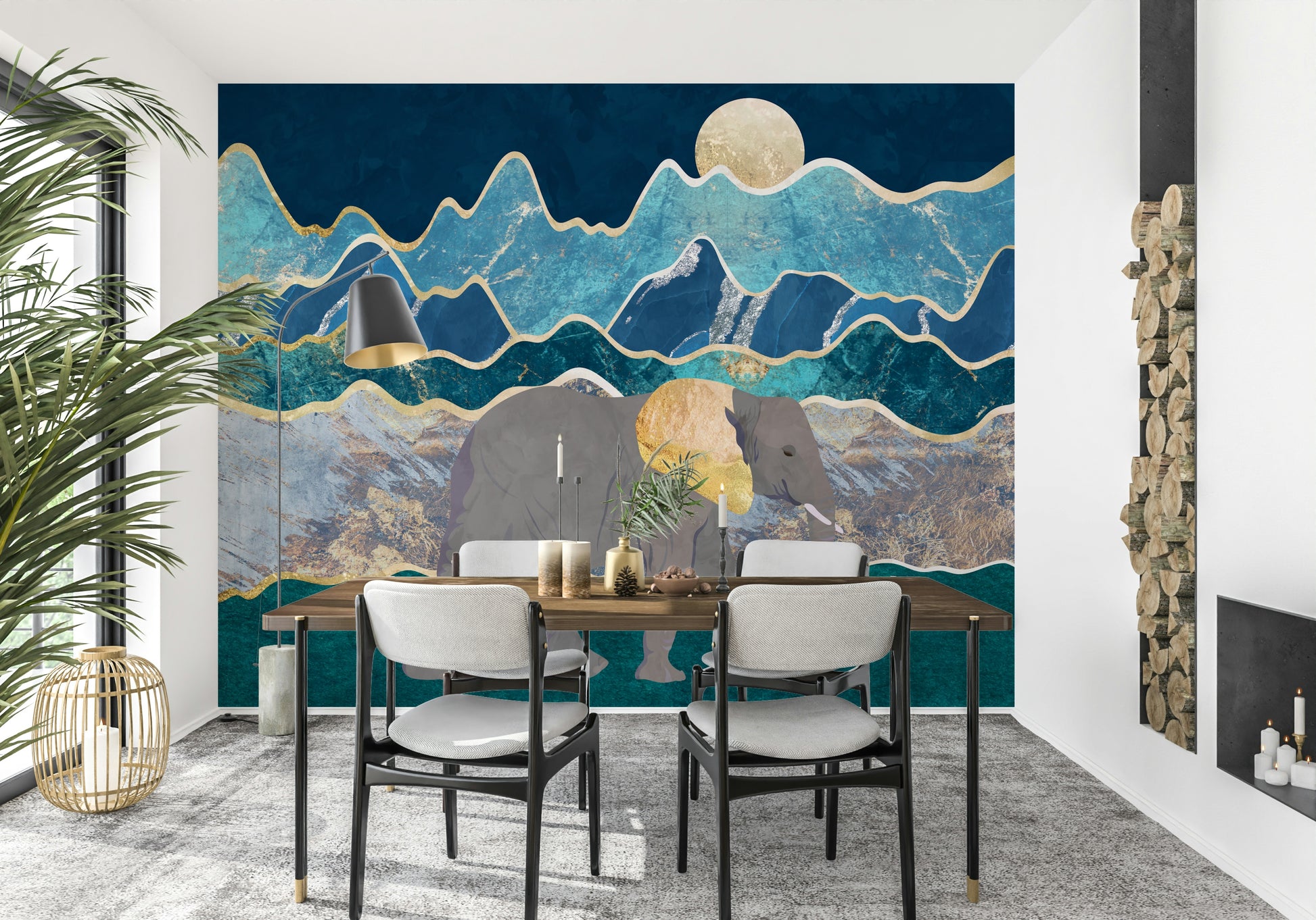 A contemplative gentle elephant wallpaper mural for a feature wall.