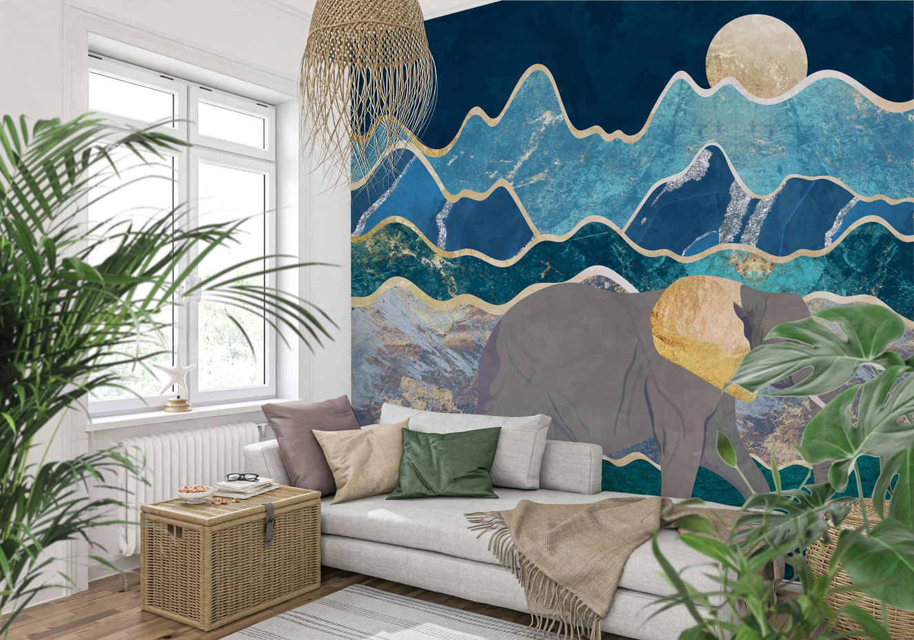 A beautiful elephant vista wallpaper mural with subtle safari animals.