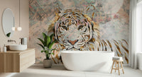 A beautiful gilded tiger wallpaper mural in a modern collage style.