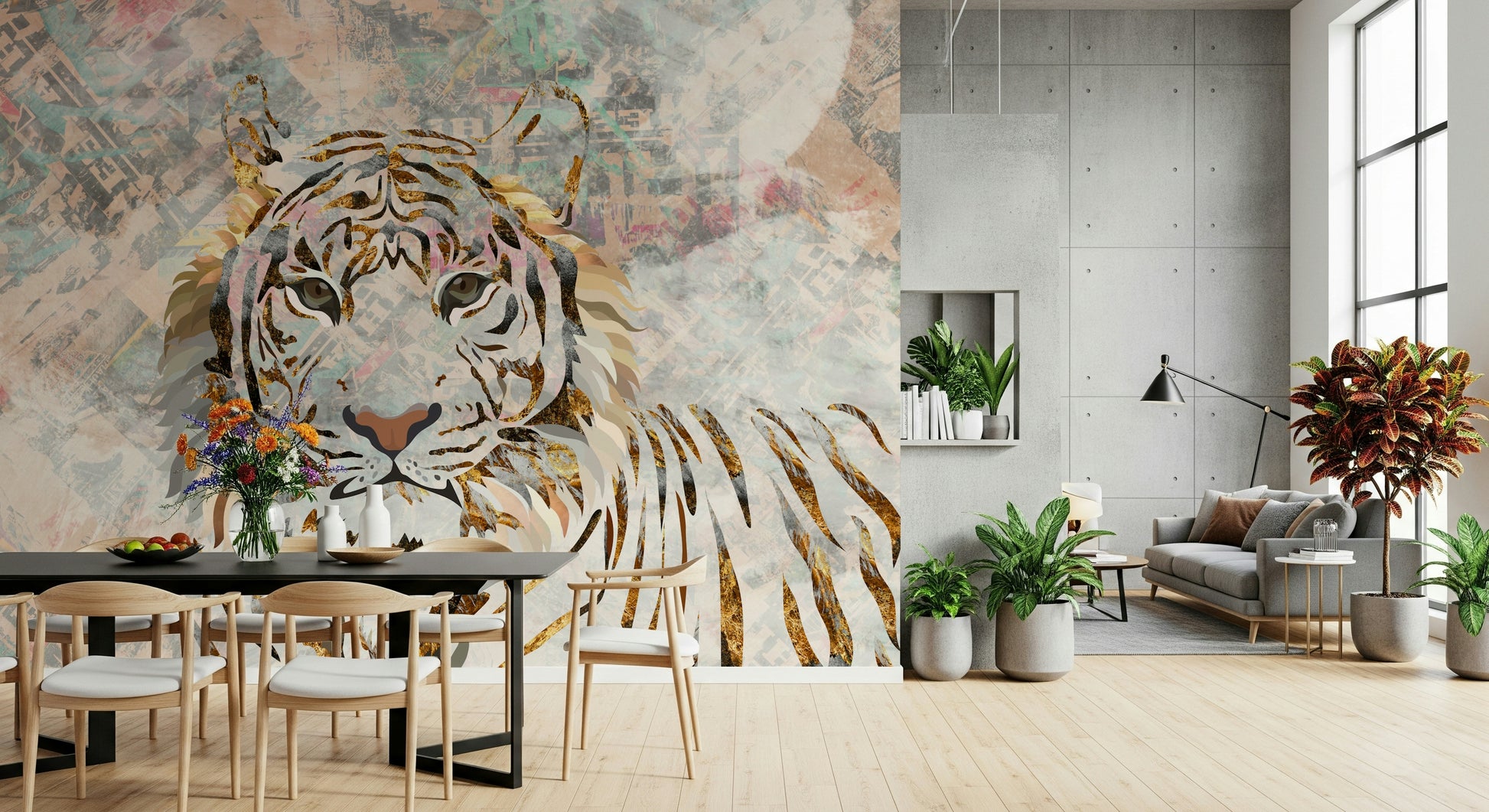 A peaceful natural theme mural on decorative wallpaper.
