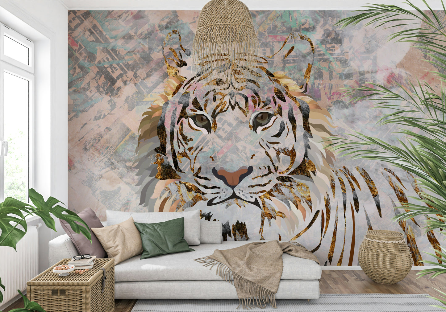 A serene subtle animal print wall mural with gold accents.