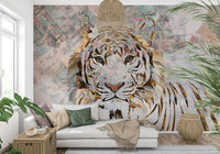 A serene subtle animal print wall mural with gold accents.