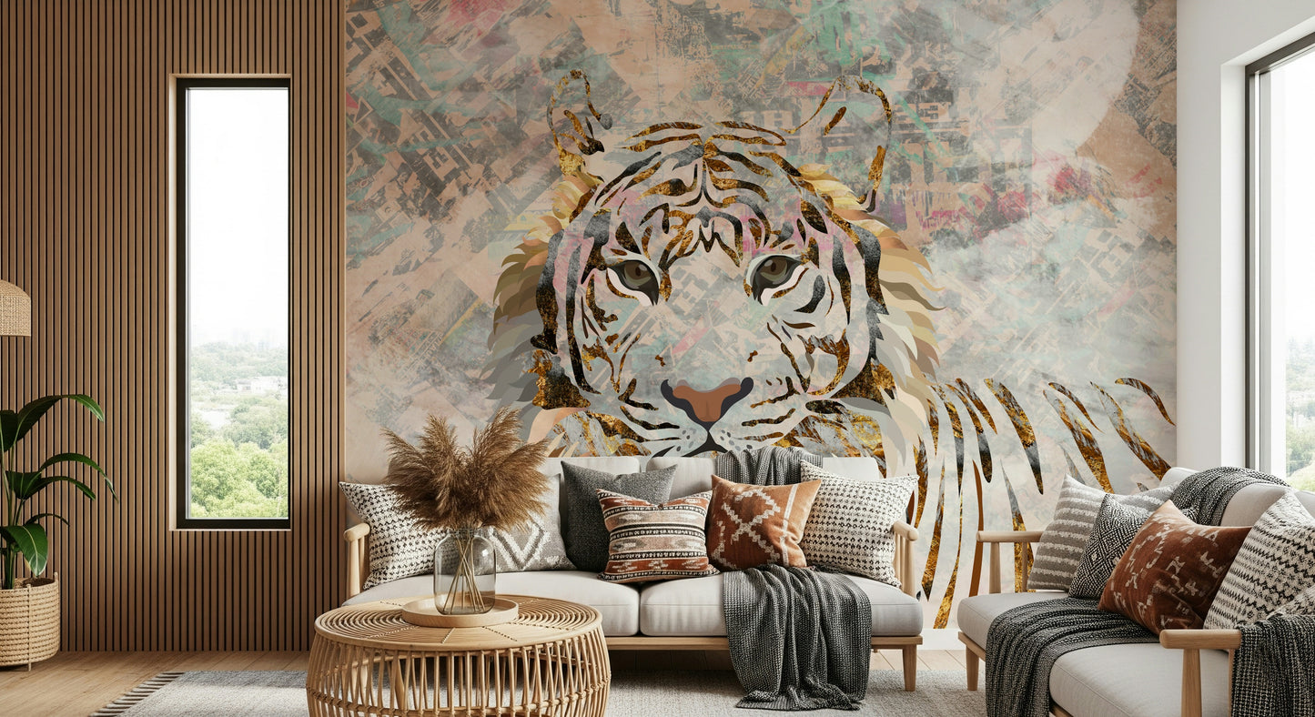 An artistic abstract tiger mural on luxury wallpaper.