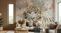 An artistic abstract tiger mural on luxury wallpaper.