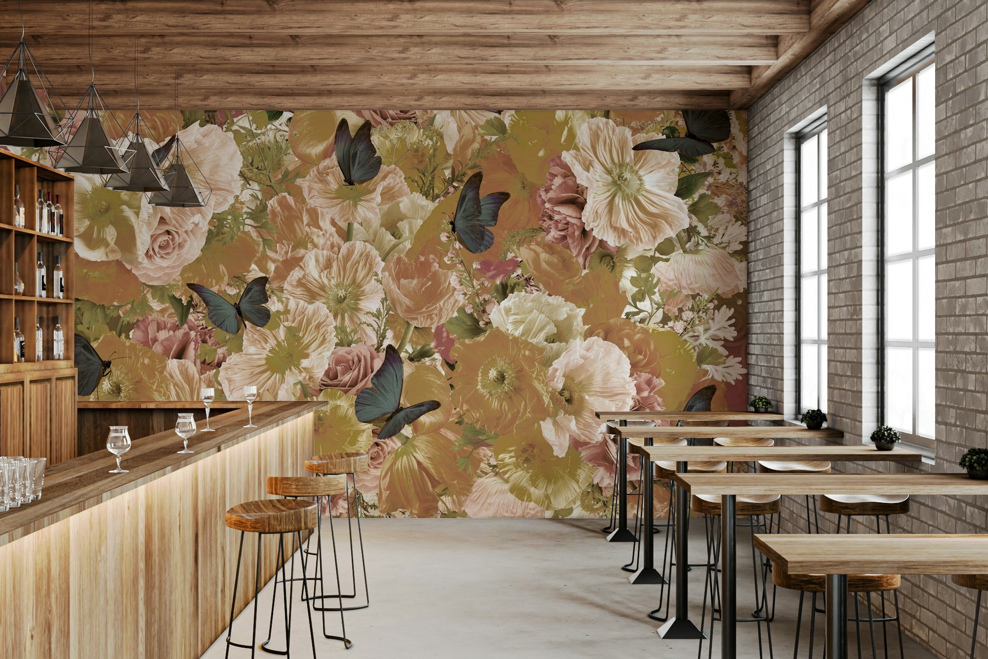 A contemplative floral pattern wallpaper mural for a feature wall.