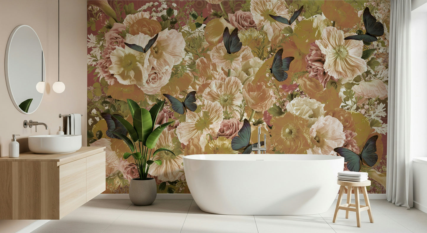 A calming floral design wallpaper mural that defines a space.