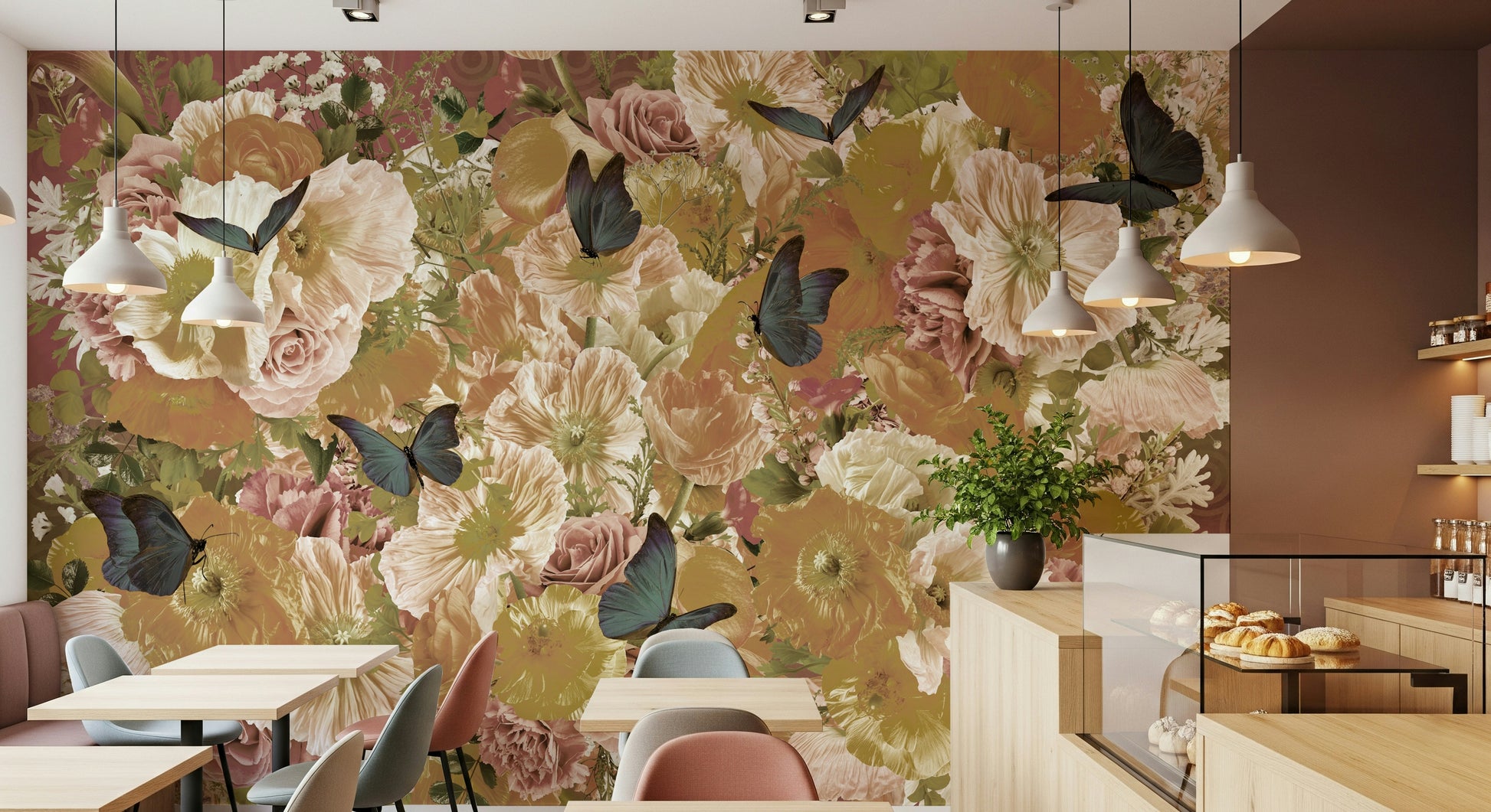 A graceful subtle flower wall mural in soft, elegant tones.