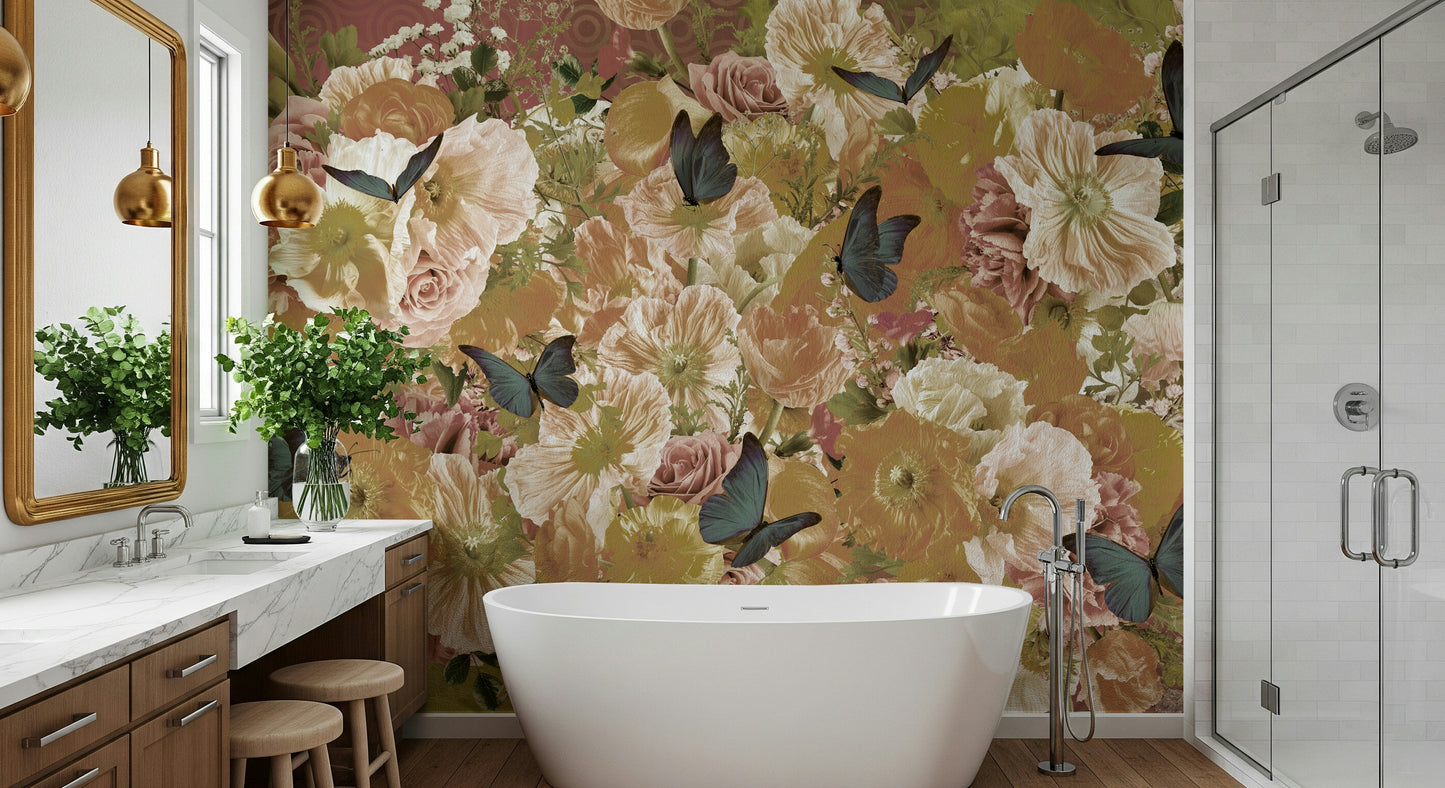 A serene subtle flower wall mural with butterflies for your decor.
