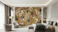 A peaceful flower and butterfly design mural on decorative wallpaper.