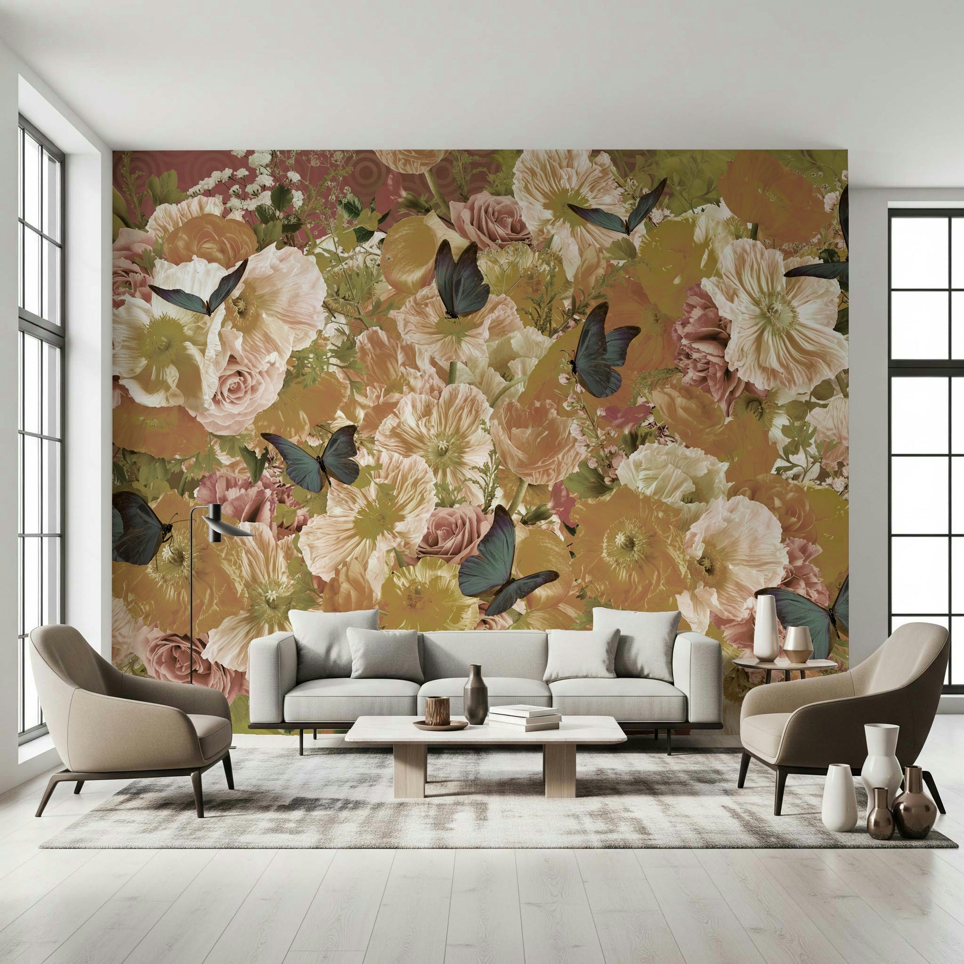 An artistic delicate bloom mural on minimalist wallpaper.