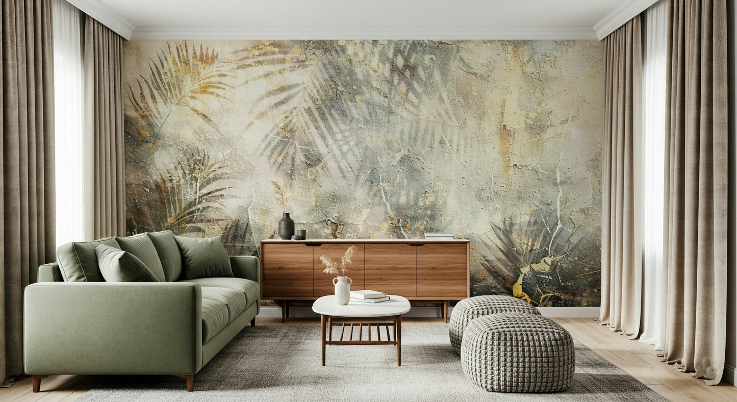 A beautiful modern art wall mural of distressed plant leaves.