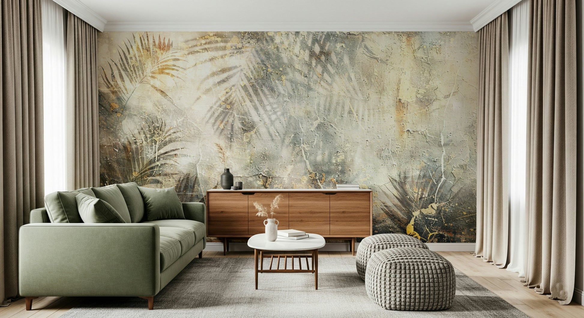 A beautiful modern art wall mural of distressed plant leaves.