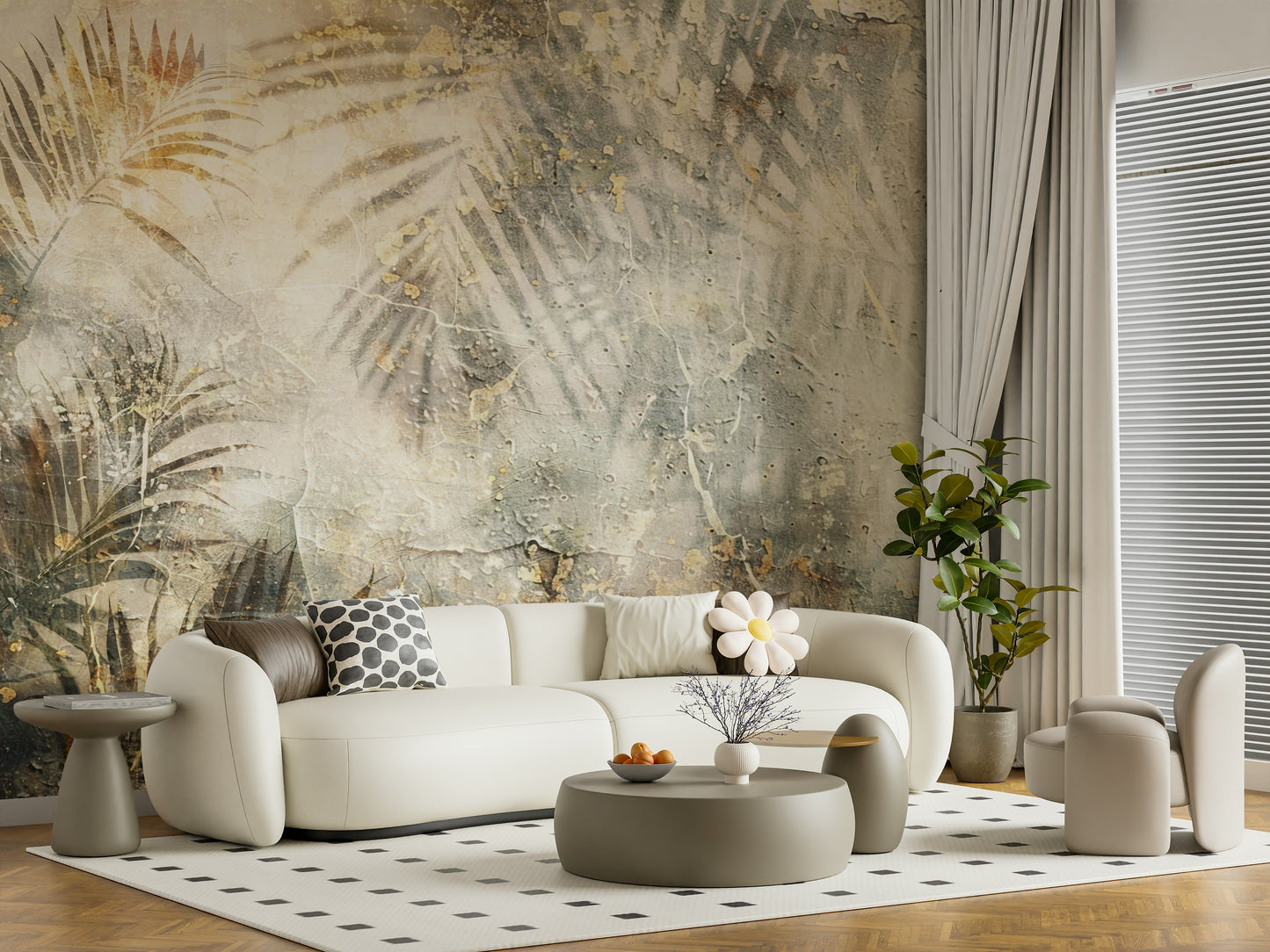 A graceful subtle leaf wall mural in cool, natural tones with dark washes.