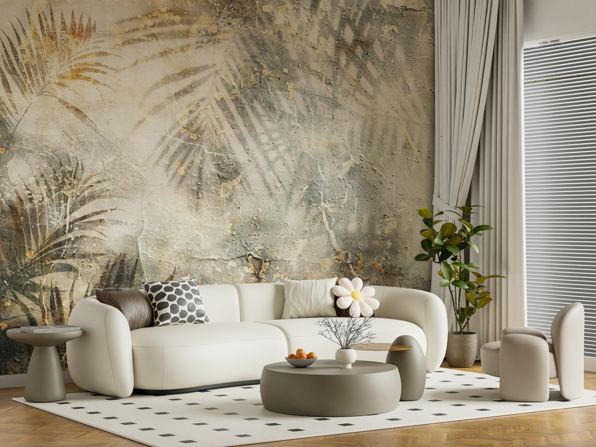 A graceful subtle leaf wall mural in cool, natural tones with dark washes.