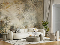 A graceful subtle leaf wall mural in cool, natural tones with dark washes.