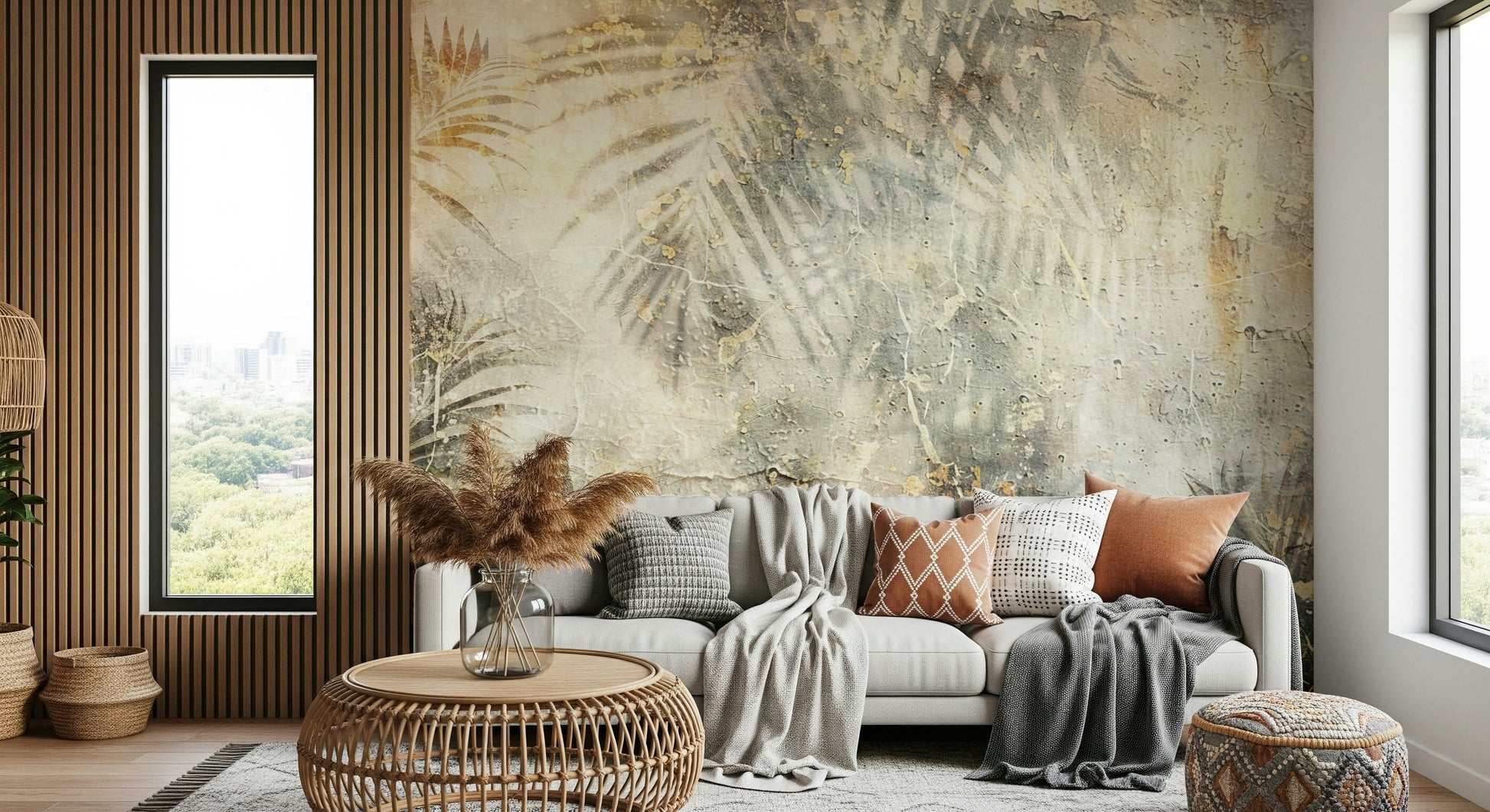 A peaceful botanical pattern mural on decorative wallpaper.