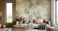 A peaceful botanical pattern mural on decorative wallpaper.