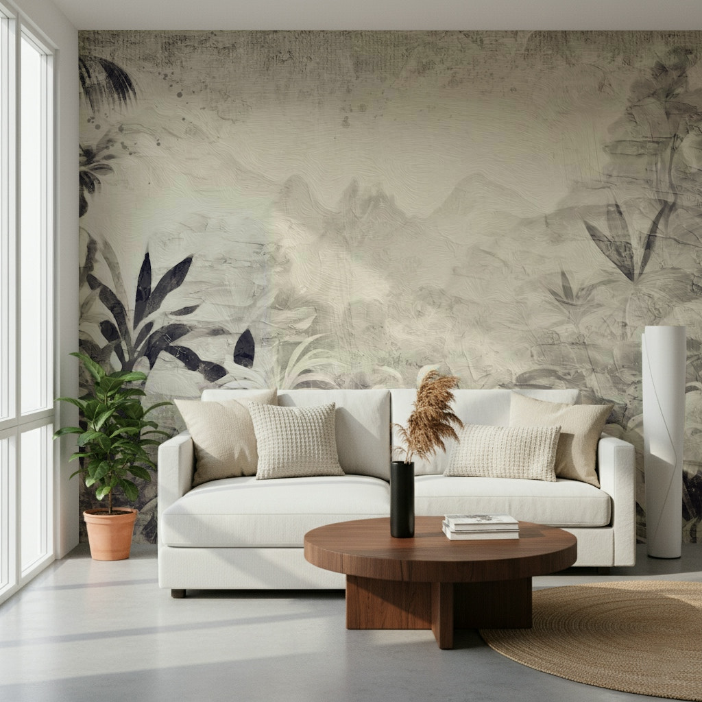 A beautiful monochrome jungle wallpaper mural for a modern home.