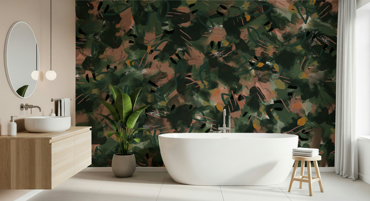 A peaceful geometric design mural on decorative wallpaper.