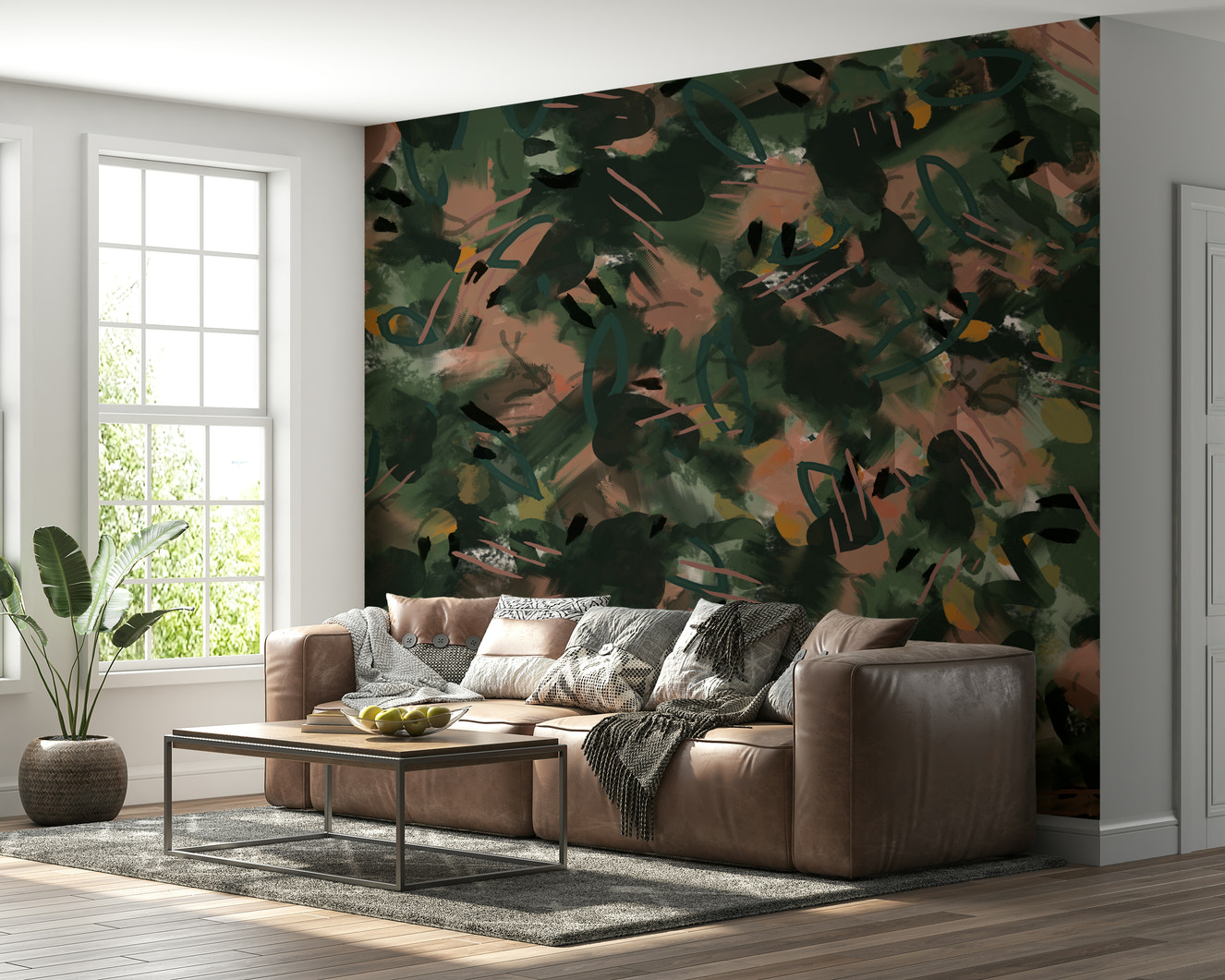 A beautiful abstract art wallpaper mural in warm, earthen tones.