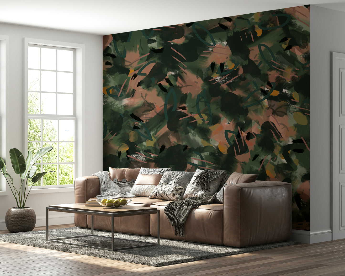 A beautiful abstract art wallpaper mural in warm, earthen tones.