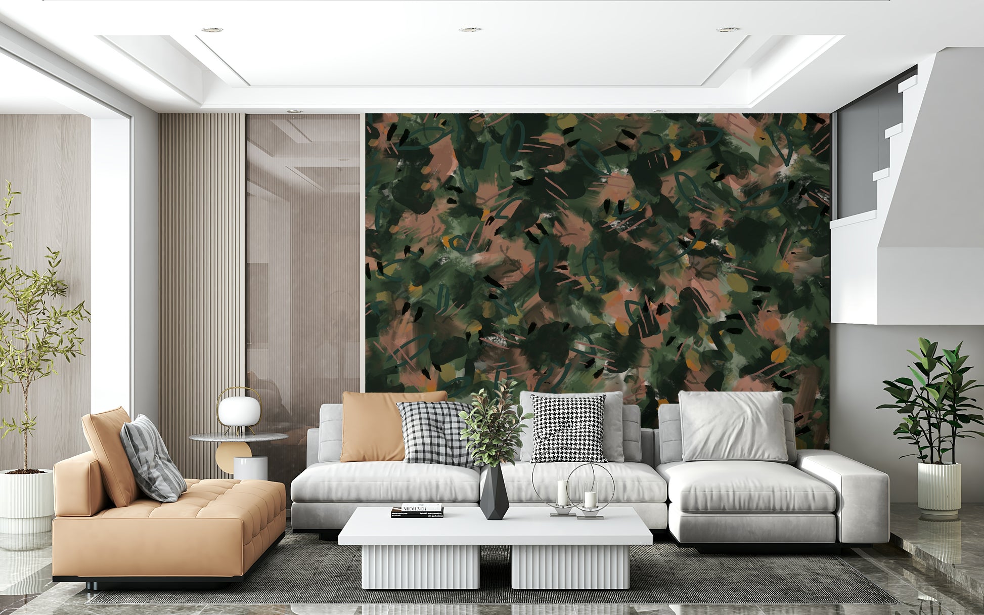 A graceful modern abstract wall mural in warm, earth tones.