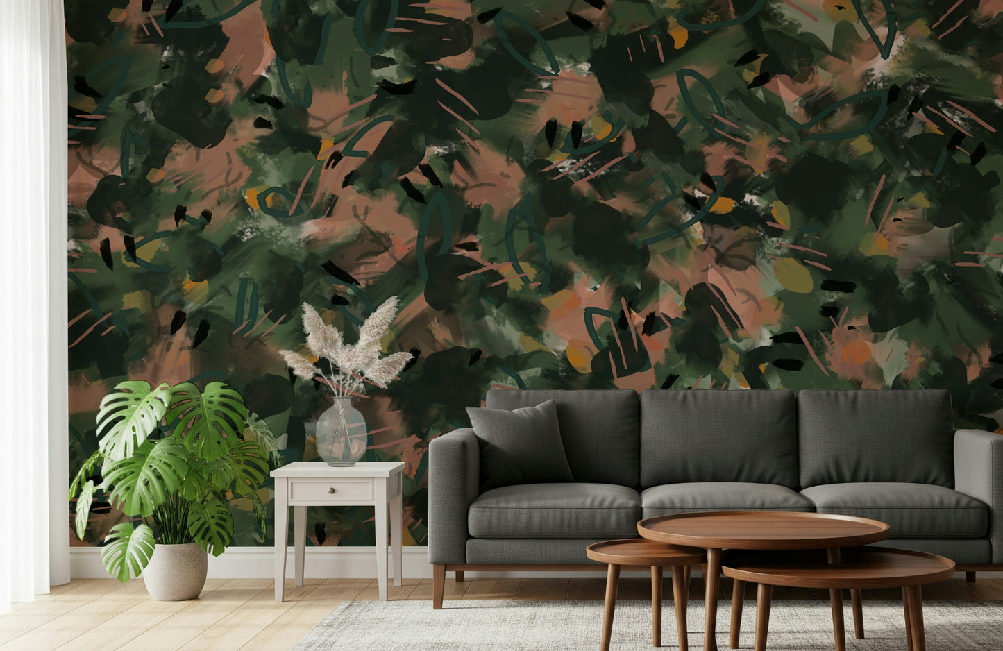 An artistic natural abstraction mural on minimalist wallpaper.