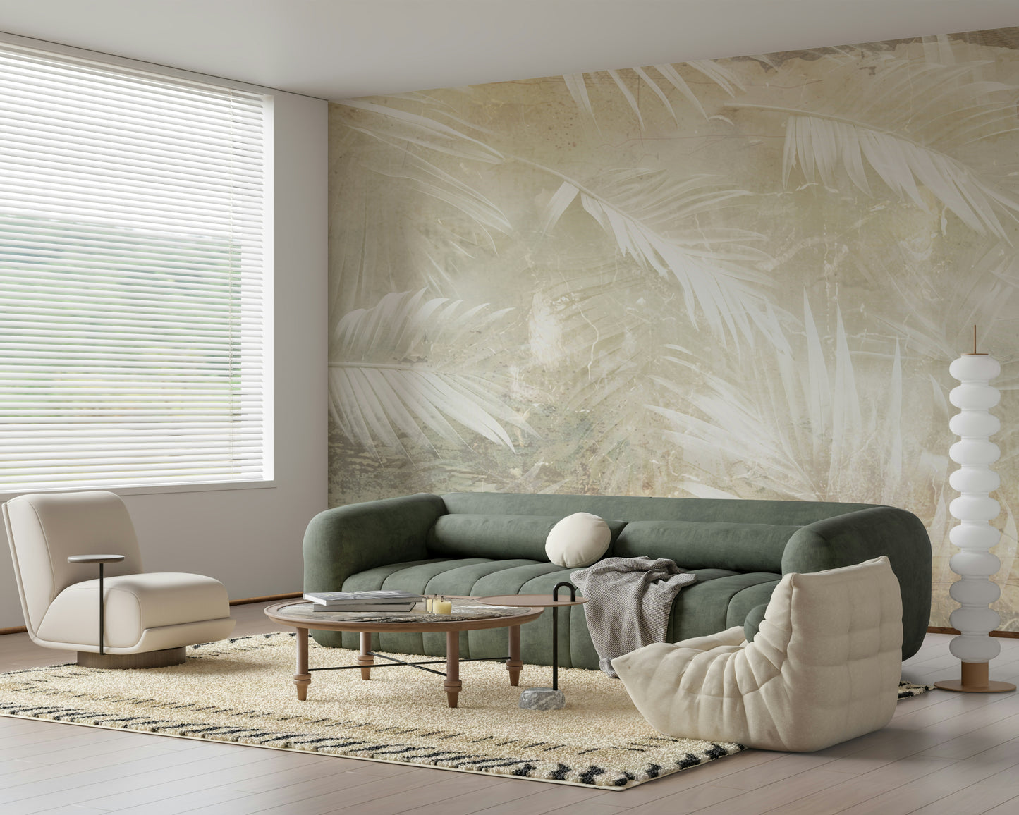 A peaceful coastal vista mural on decorative wallpaper.