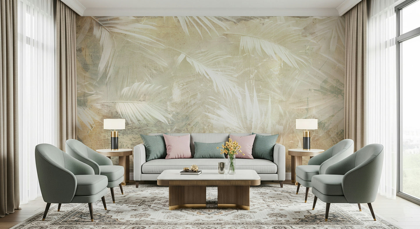 A graceful subtle light wall mural in cool, tranquil tones.