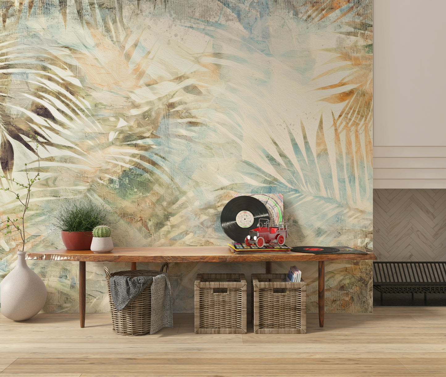 A beautiful shimmering palm tree wallpaper mural for a modern, luxurious home.