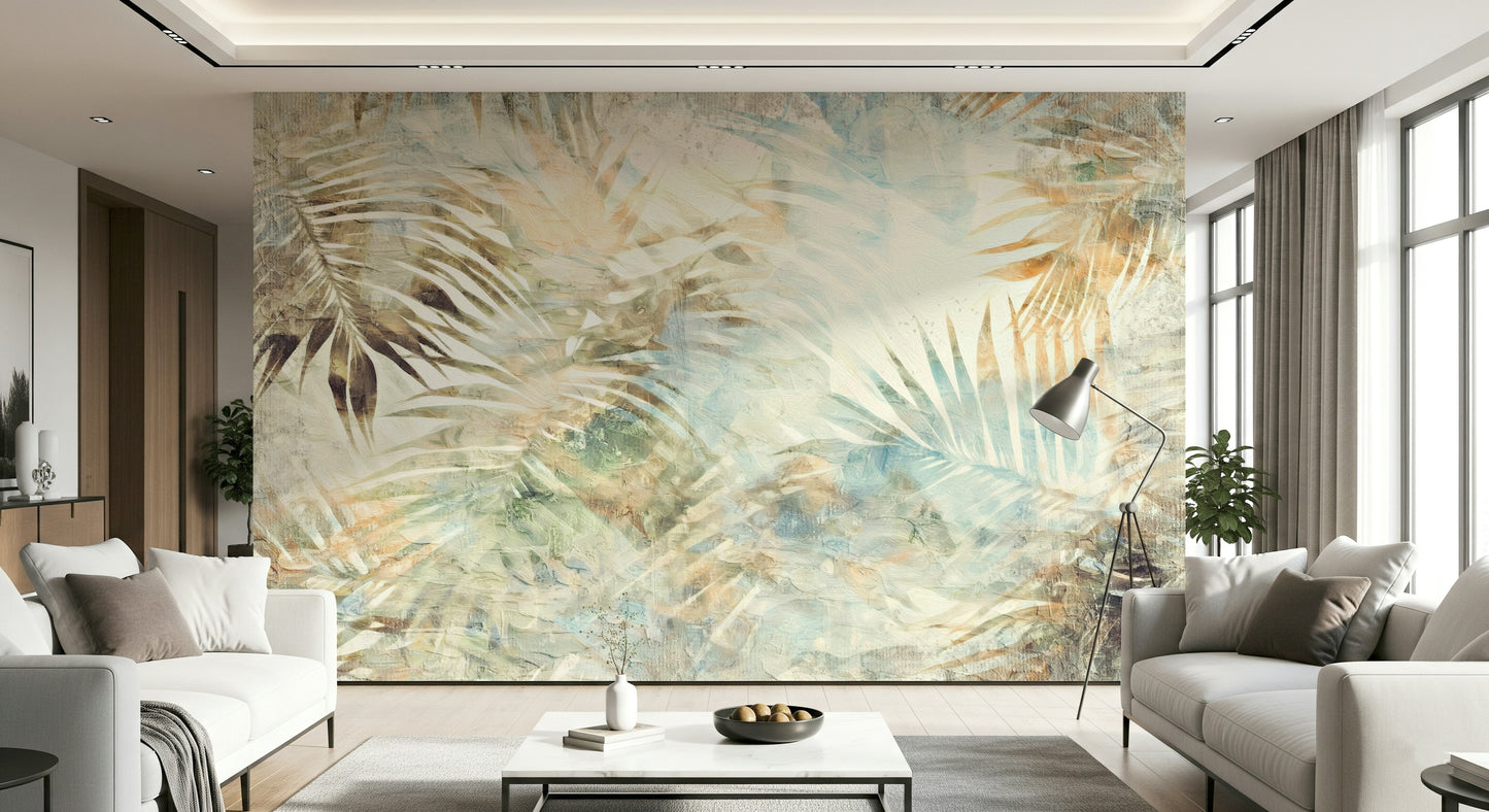A peaceful palm leaf mural on decorative wallpaper.